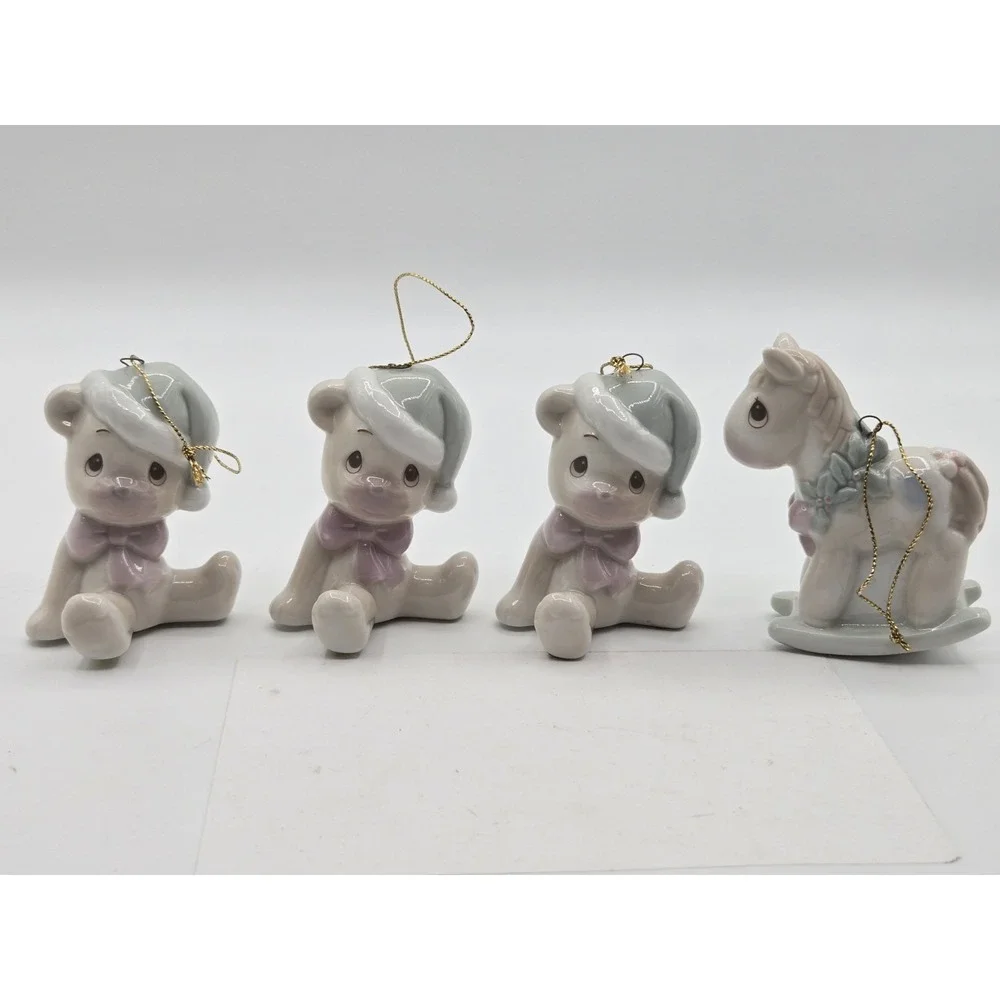 4 Precious Moments Ornaments Lot Set Bear Rocking Horse Ceramic‎ Glass Vtg